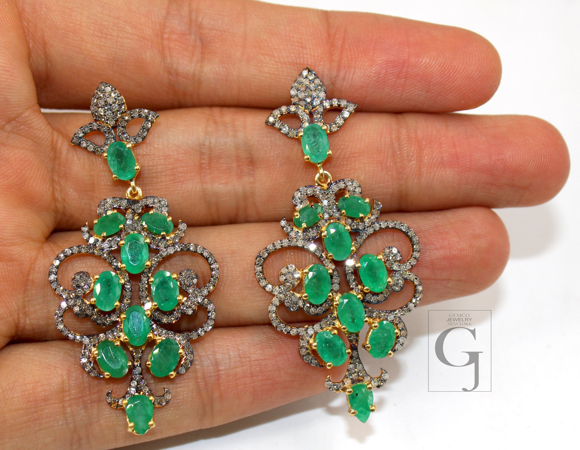 Beautiful 14k gold vermeil emerald earring Rosecut pave diamond earrings 925 sterling silver handmade silver finish diamond earrings