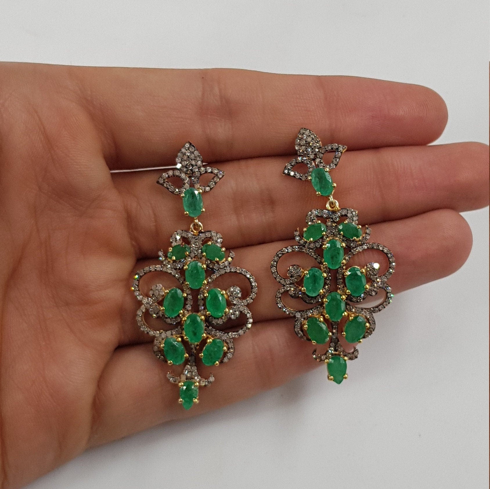 Beautiful 14k gold vermeil emerald earring Rosecut pave diamond earrings 925 sterling silver handmade silver finish diamond earrings