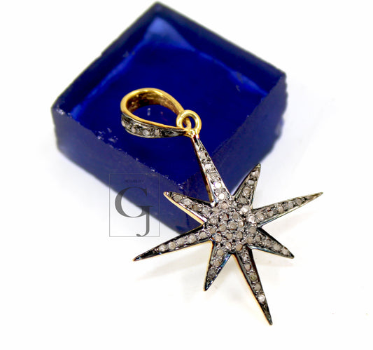 Star burst design Rosecut pave diamond pendant 925 sterling silver handmade finish beautiful diamond pendant jewelry