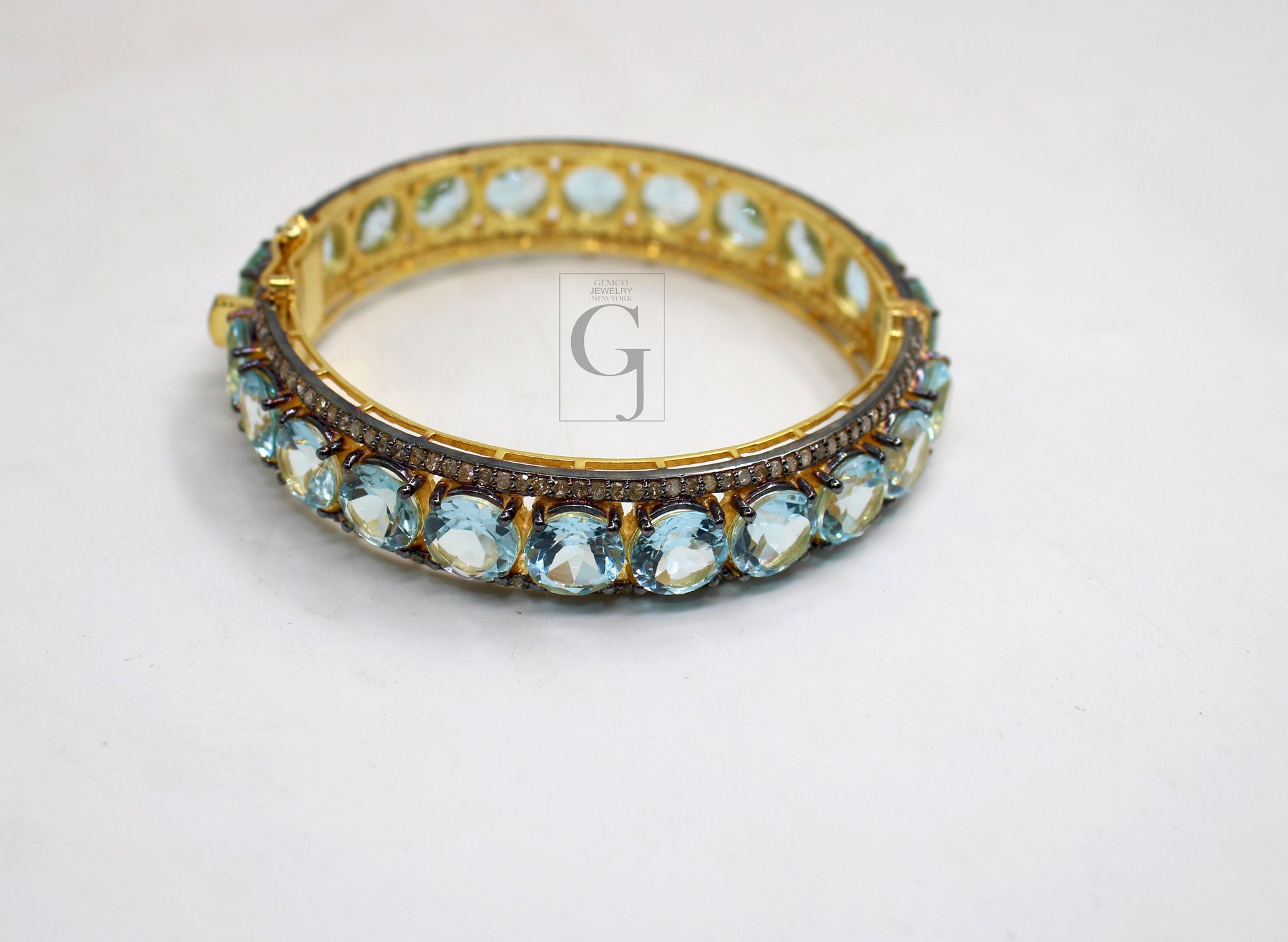 Rosecut pave diamond bangle bracelet 925 sterling silver handmade finish blue topaz stone diamond bangle bracelet