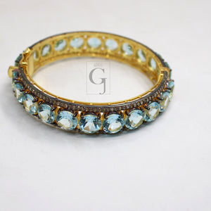 Rosecut pave diamond bangle bracelet 925 sterling silver handmade finish blue topaz stone diamond bangle bracelet