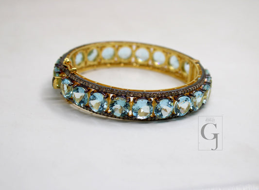 Rosecut pave diamond bangle bracelet 925 sterling silver handmade finish blue topaz stone diamond bangle bracelet