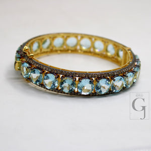 Rosecut pave diamond bangle bracelet 925 sterling silver handmade finish blue topaz stone diamond bangle bracelet