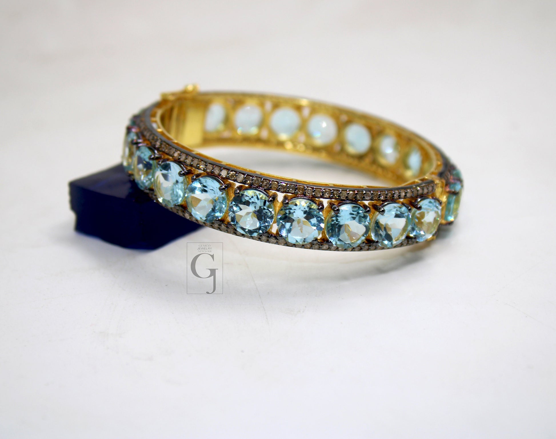 Rosecut pave diamond bangle bracelet 925 sterling silver handmade finish blue topaz stone diamond bangle bracelet