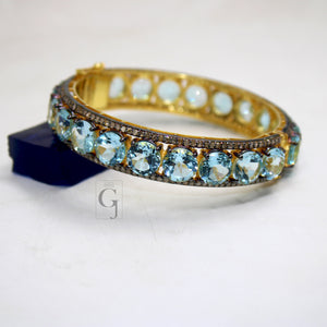 Rosecut pave diamond bangle bracelet 925 sterling silver handmade finish blue topaz stone diamond bangle bracelet