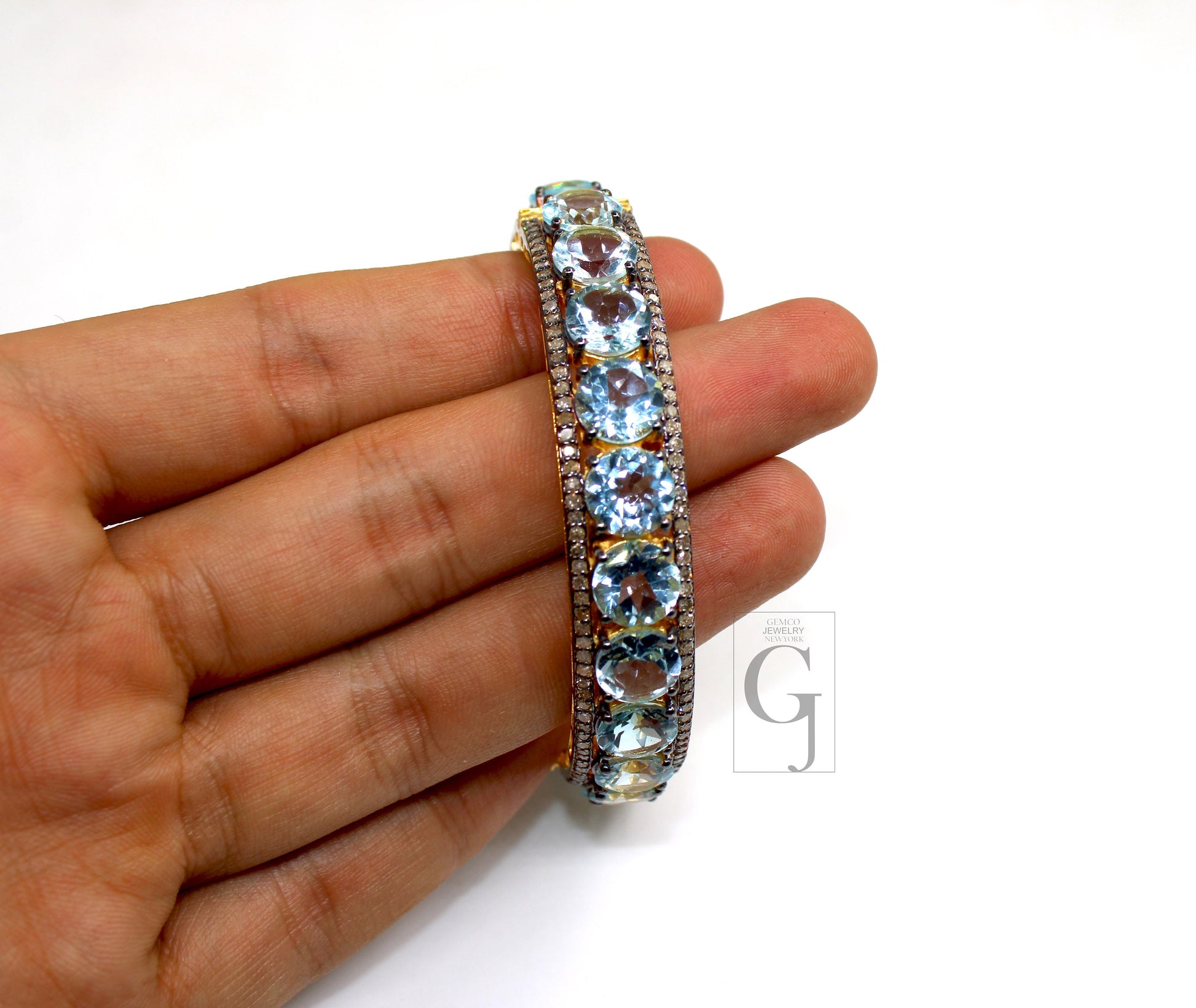 Rosecut pave diamond bangle bracelet 925 sterling silver handmade finish blue topaz stone diamond bangle bracelet