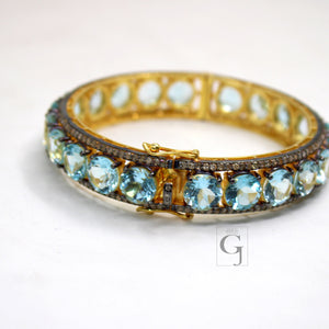 Rosecut pave diamond bangle bracelet 925 sterling silver handmade finish blue topaz stone diamond bangle bracelet