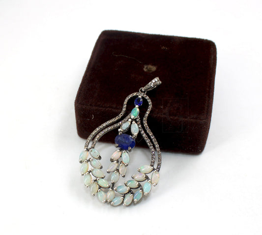 Unique design fire natural opal blue sapphire pendant Rosecut pave diamond pendant silver handmade finish diamond charms necklace pendant