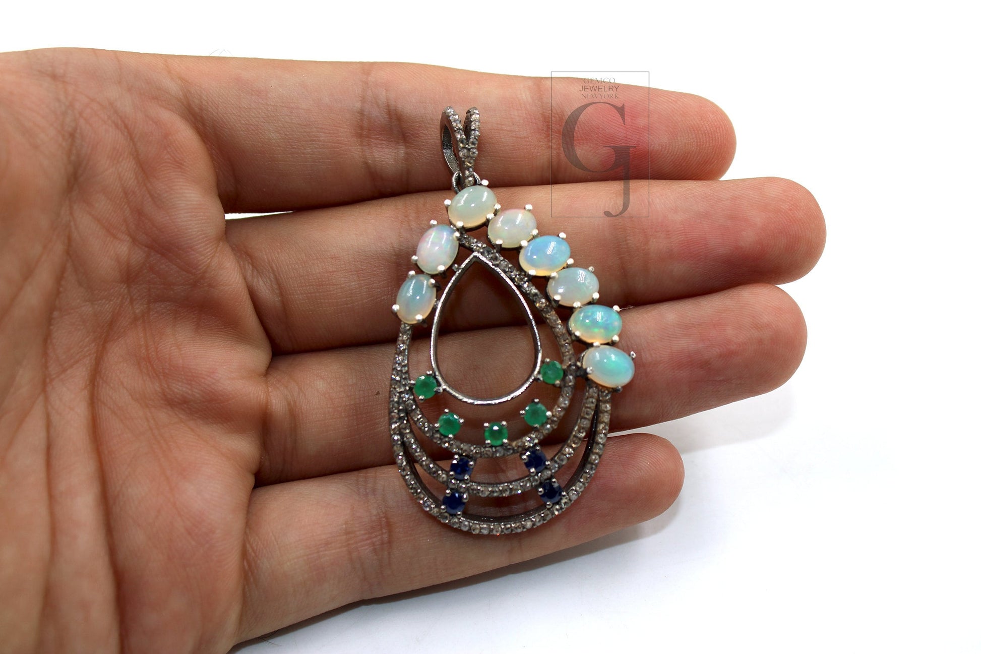Beautiful Opal, Blue Sapphire, Emerald, Pendant Rosecut Pave Diamond Pendant Silver Handmade Finish Diamond Charms Necklace Pendant