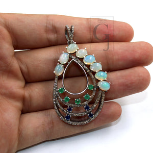 Beautiful Opal, Blue Sapphire, Emerald, Pendant Rosecut Pave Diamond Pendant Silver Handmade Finish Diamond Charms Necklace Pendant