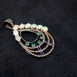 Beautiful Opal, Blue Sapphire, Emerald, Pendant Rosecut Pave Diamond Pendant Silver Handmade Finish Diamond Charms Necklace Pendant