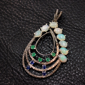 Beautiful Opal, Blue Sapphire, Emerald, Pendant Rosecut Pave Diamond Pendant Silver Handmade Finish Diamond Charms Necklace Pendant
