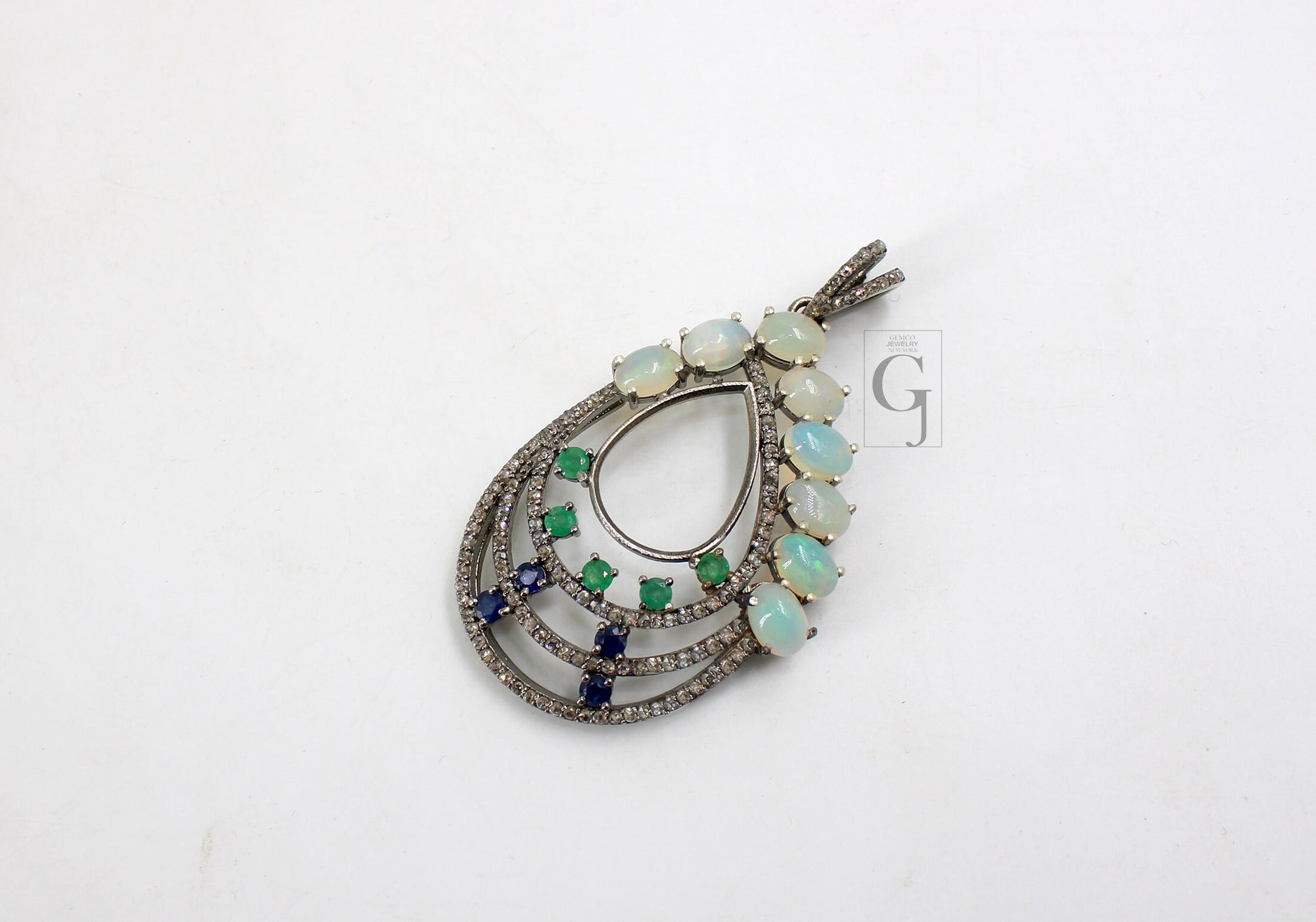 Beautiful Opal, Blue Sapphire, Emerald, Pendant Rosecut Pave Diamond Pendant Silver Handmade Finish Diamond Charms Necklace Pendant