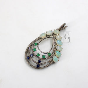 Beautiful Opal, Blue Sapphire, Emerald, Pendant Rosecut Pave Diamond Pendant Silver Handmade Finish Diamond Charms Necklace Pendant
