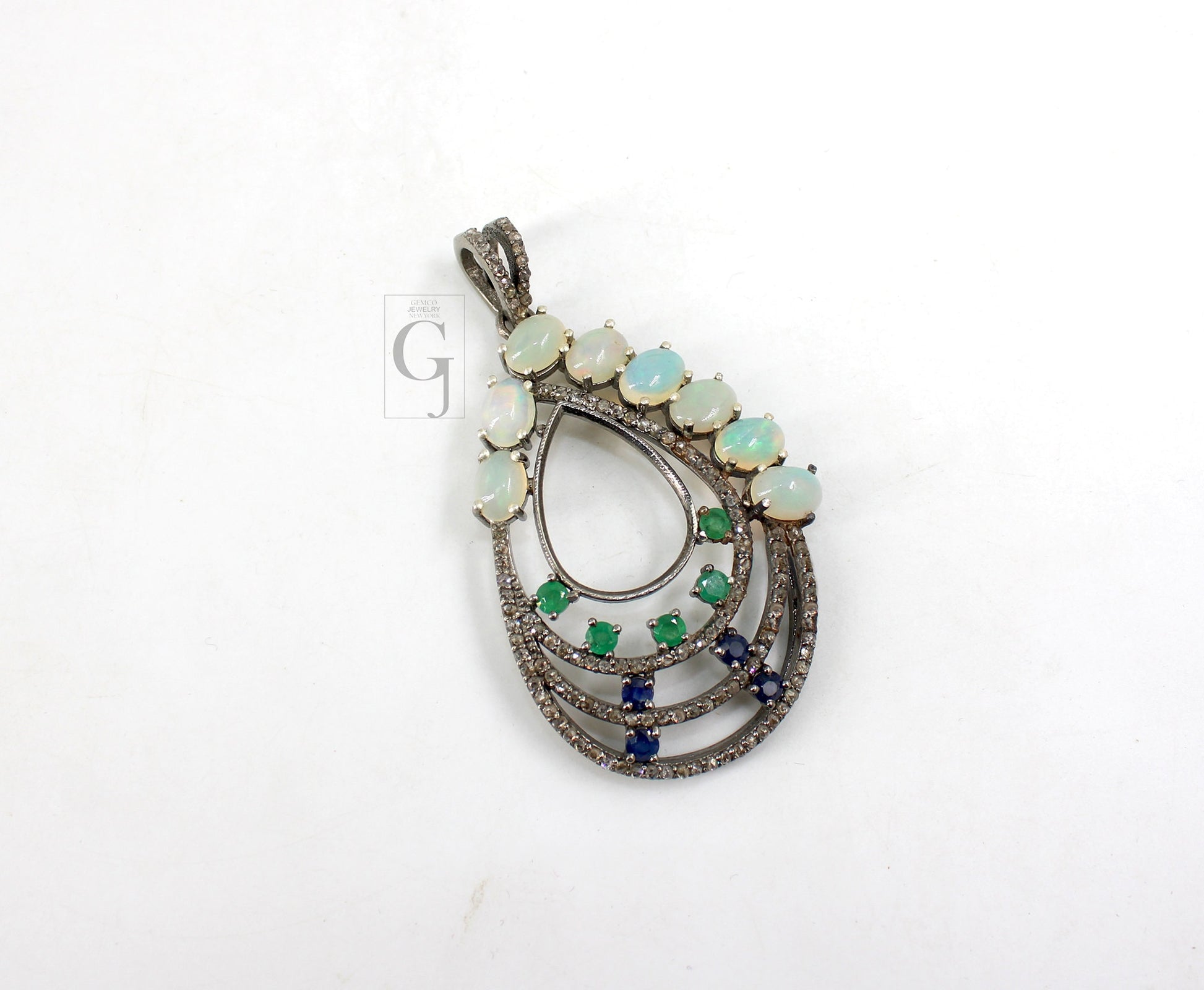 Beautiful Opal, Blue Sapphire, Emerald, Pendant Rosecut Pave Diamond Pendant Silver Handmade Finish Diamond Charms Necklace Pendant