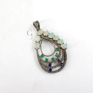 Beautiful Opal, Blue Sapphire, Emerald, Pendant Rosecut Pave Diamond Pendant Silver Handmade Finish Diamond Charms Necklace Pendant