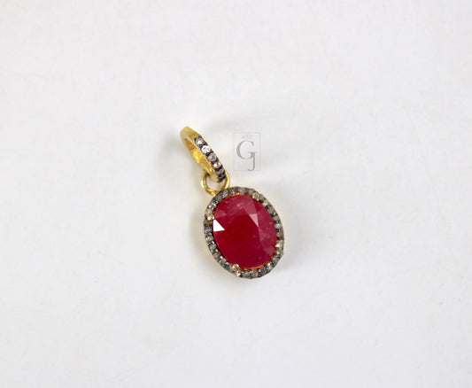 14k Gold Finish Viva Magenta Red Ruby Pendant Rosecut Pave Diamond Pendant 925 Sterling Silver Handmade Diamond Charms Necklace Pendant