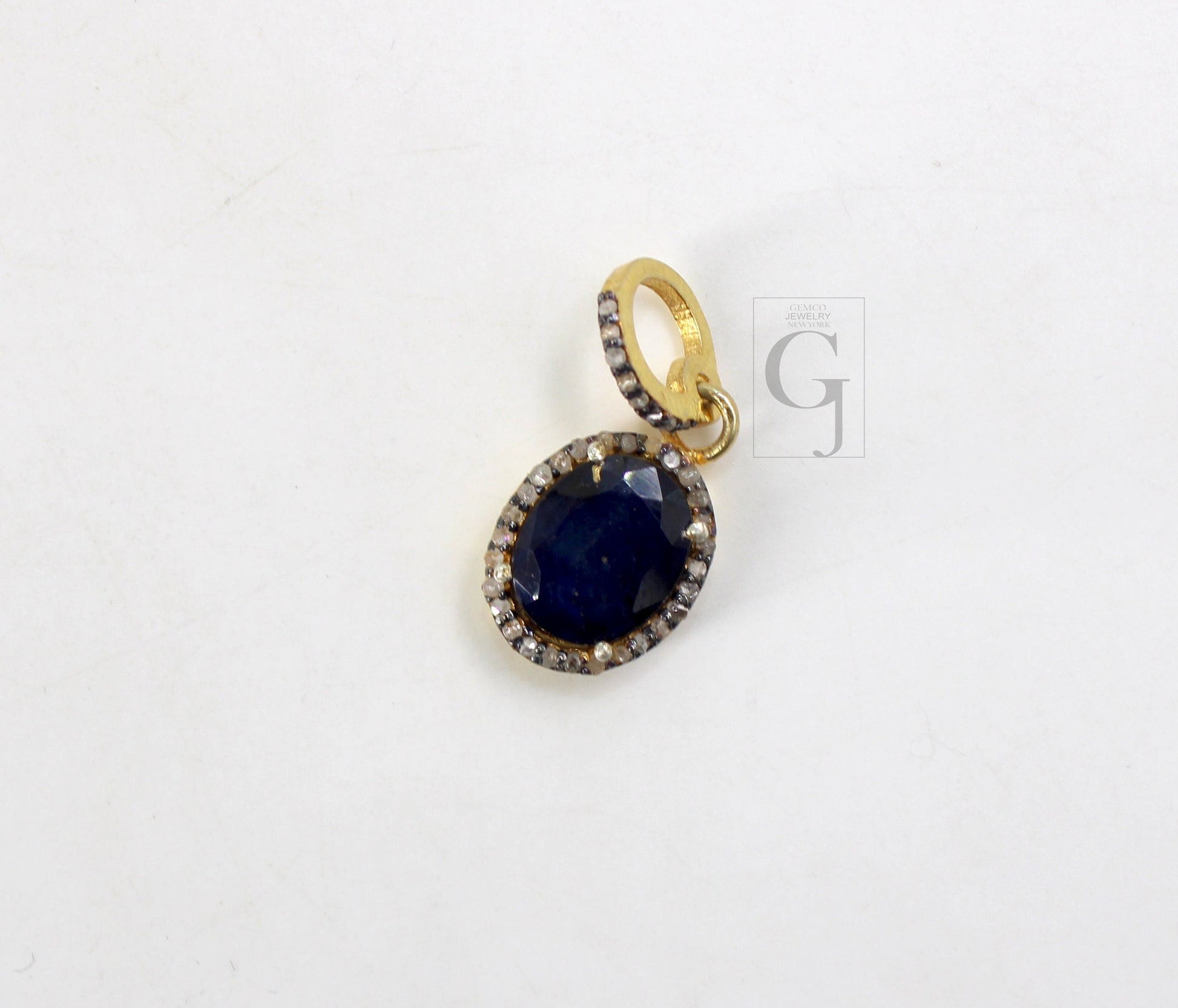 14k Gold Finish Blue Sapphire Pendant Rosecut Pave Diamond Pendant 925 Sterling Silver Handmade Finish Diamond Charms Necklace Pendant