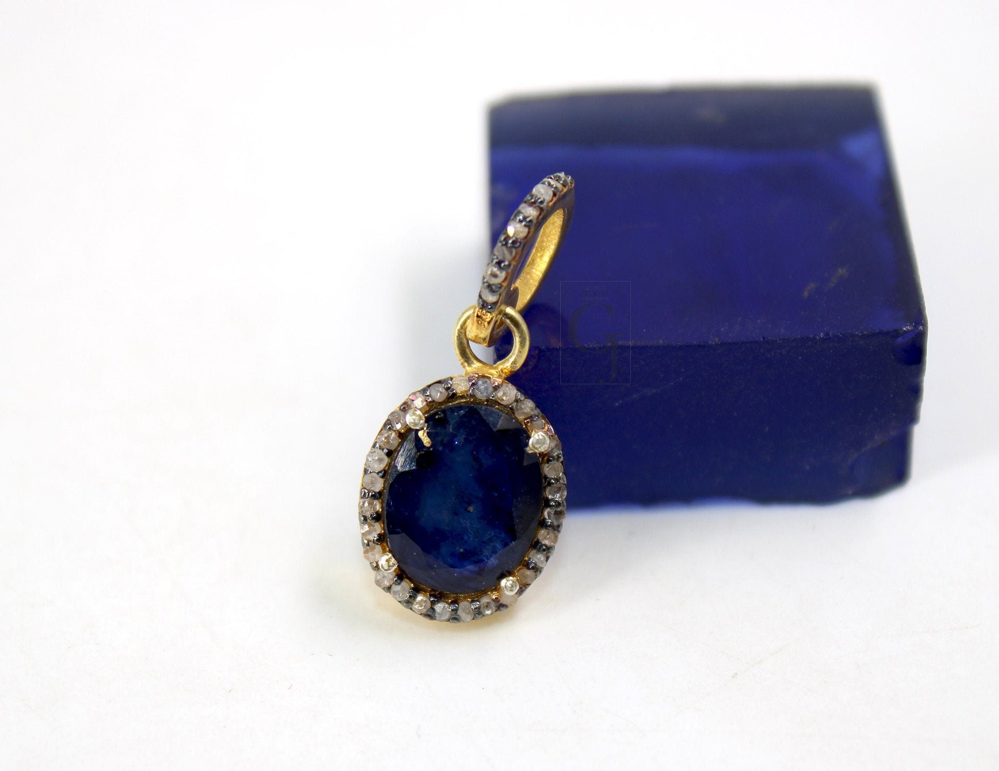 14k Gold Finish Blue Sapphire Pendant Rosecut Pave Diamond Pendant 925 Sterling Silver Handmade Finish Diamond Charms Necklace Pendant