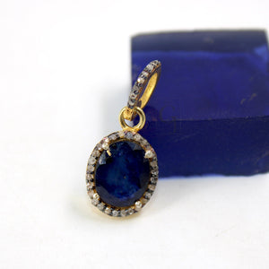 14k Gold Finish Blue Sapphire Pendant Rosecut Pave Diamond Pendant 925 Sterling Silver Handmade Finish Diamond Charms Necklace Pendant