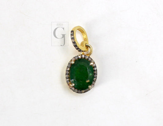 14k Gold Finish Emerald Pendant Rosecut Pave Diamond Pendant 925 Sterling Silver Handmade Finish Diamond Charms Necklace Pendant