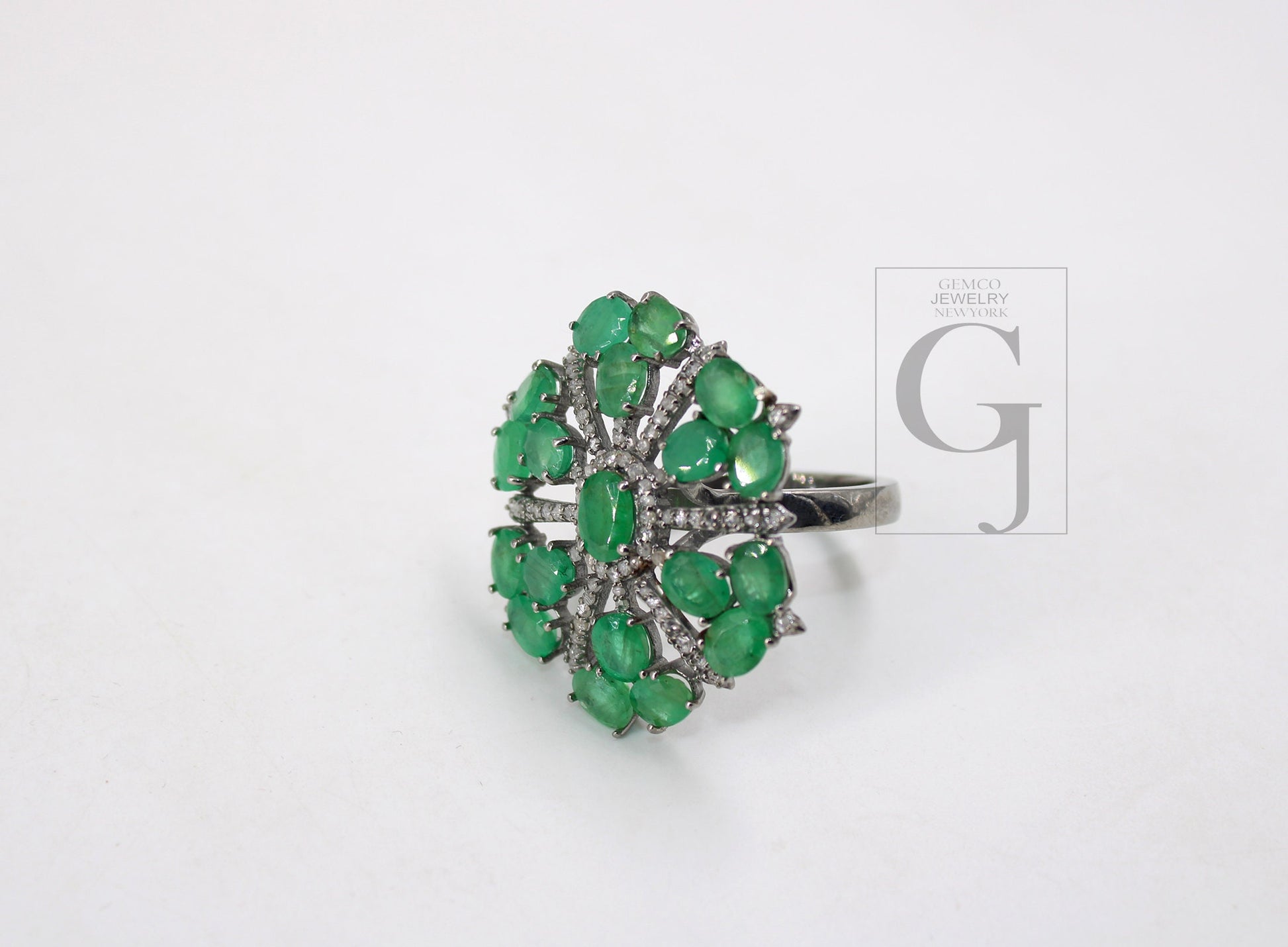 Beautiful Snowflake Designer Emerald Ring Designer Rosecut Pave Diamond Rings 925 Sterling Silver Handmade Silver Finish Diamond Ring