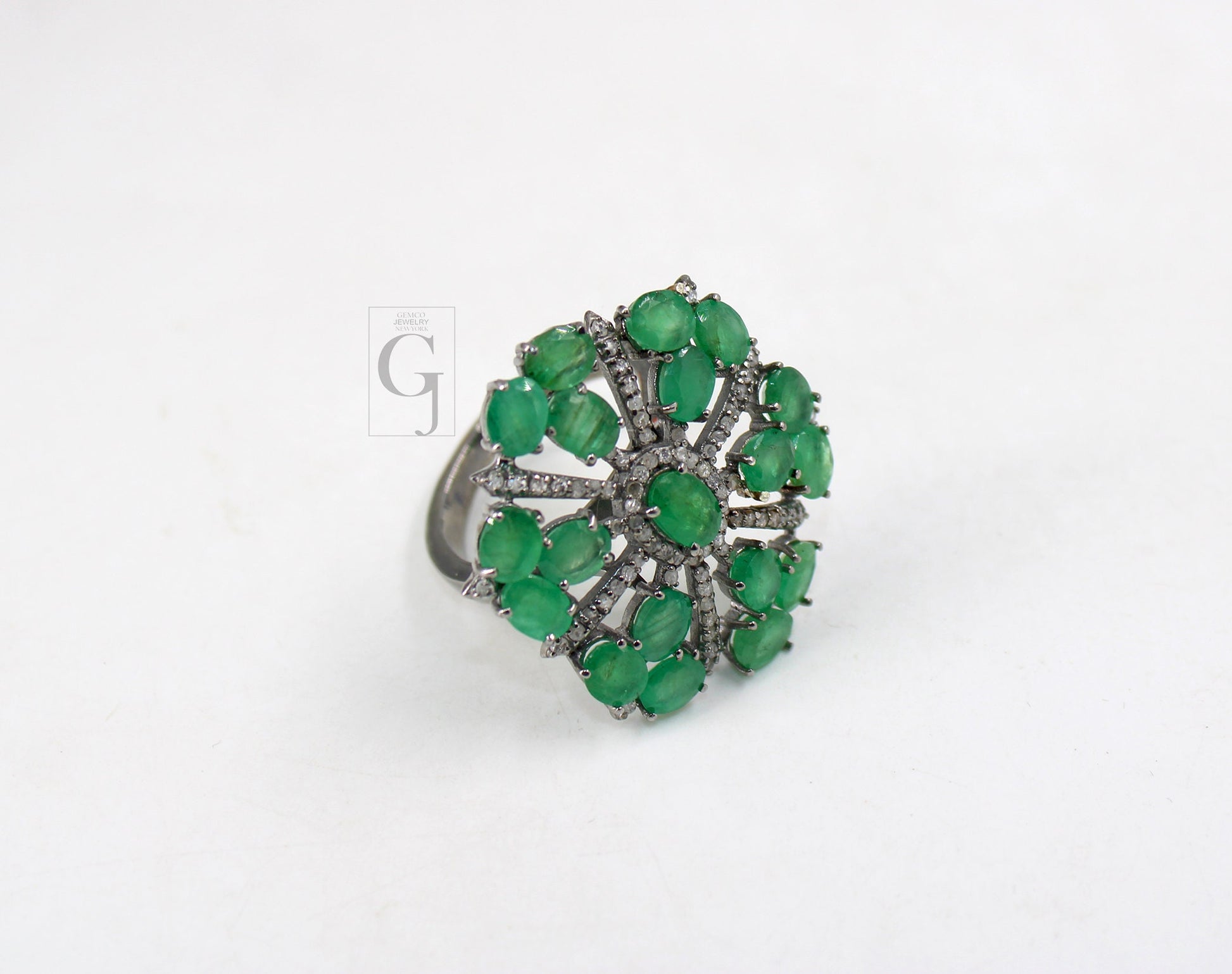 Beautiful Snowflake Designer Emerald Ring Designer Rosecut Pave Diamond Rings 925 Sterling Silver Handmade Silver Finish Diamond Ring