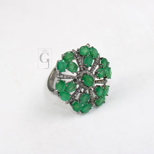 Beautiful Snowflake Designer Emerald Ring Designer Rosecut Pave Diamond Rings 925 Sterling Silver Handmade Silver Finish Diamond Ring