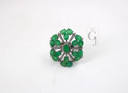 Beautiful Snowflake Designer Emerald Ring Designer Rosecut Pave Diamond Rings 925 Sterling Silver Handmade Silver Finish Diamond Ring