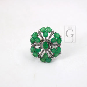 Beautiful Snowflake Designer Emerald Ring Designer Rosecut Pave Diamond Rings 925 Sterling Silver Handmade Silver Finish Diamond Ring