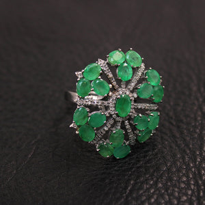 Beautiful Snowflake Designer Emerald Ring Designer Rosecut Pave Diamond Rings 925 Sterling Silver Handmade Silver Finish Diamond Ring