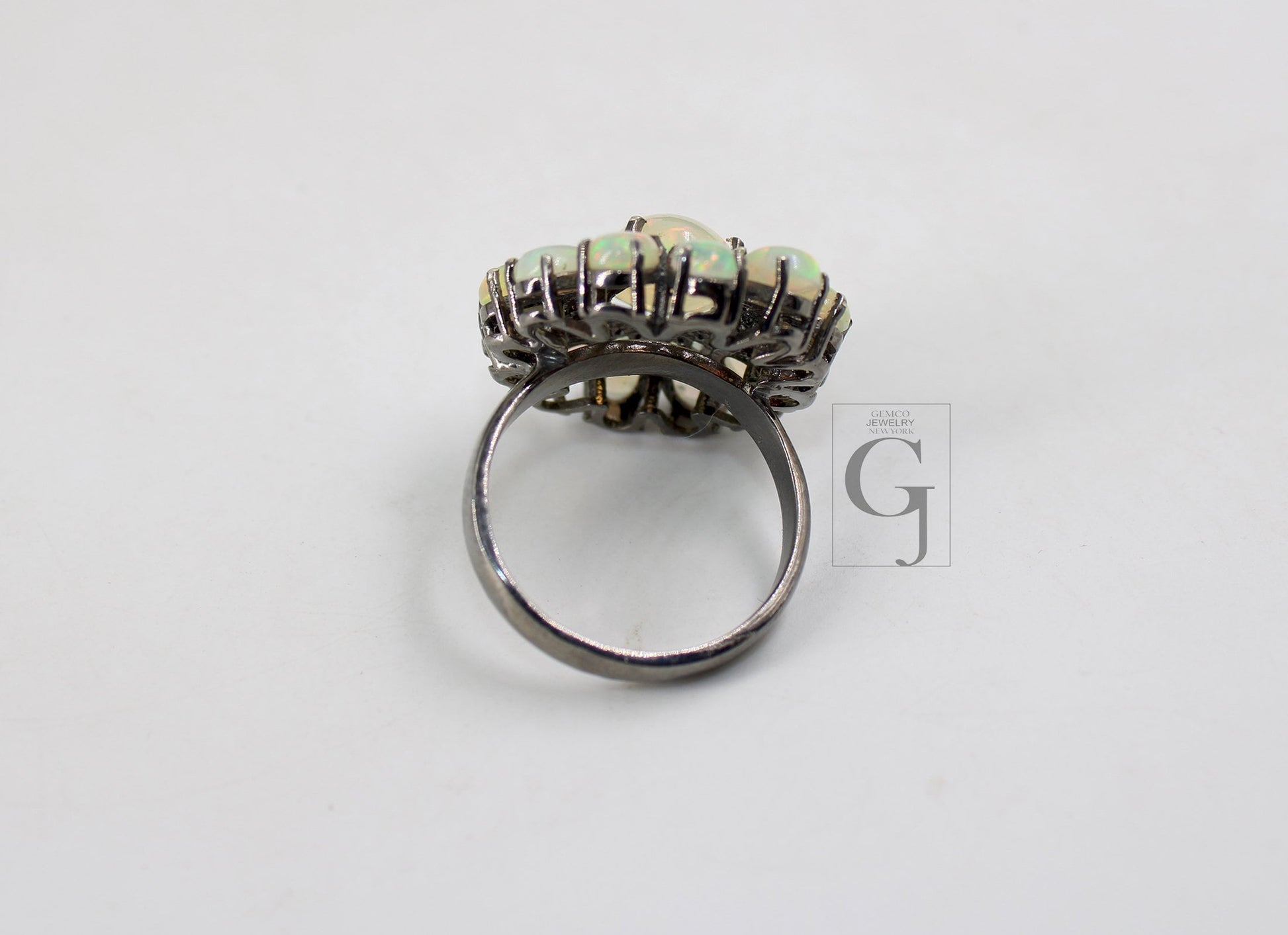 Flower Look Oxidized Finish Natural Opal Ring Designer Rosecut Pave Diamond Rings 925 Sterling Silver Handmade Silver Finish Diamond Ring