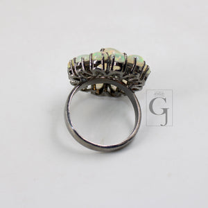 Flower Look Oxidized Finish Natural Opal Ring Designer Rosecut Pave Diamond Rings 925 Sterling Silver Handmade Silver Finish Diamond Ring