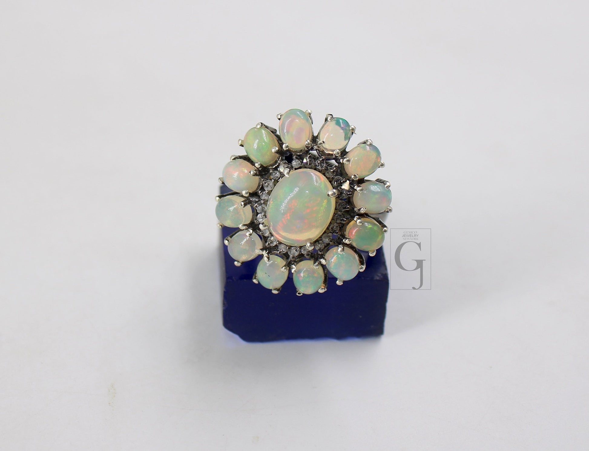 Flower Look Oxidized Finish Natural Opal Ring Designer Rosecut Pave Diamond Rings 925 Sterling Silver Handmade Silver Finish Diamond Ring