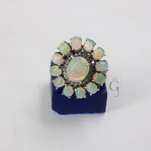 Flower Look Oxidized Finish Natural Opal Ring Designer Rosecut Pave Diamond Rings 925 Sterling Silver Handmade Silver Finish Diamond Ring