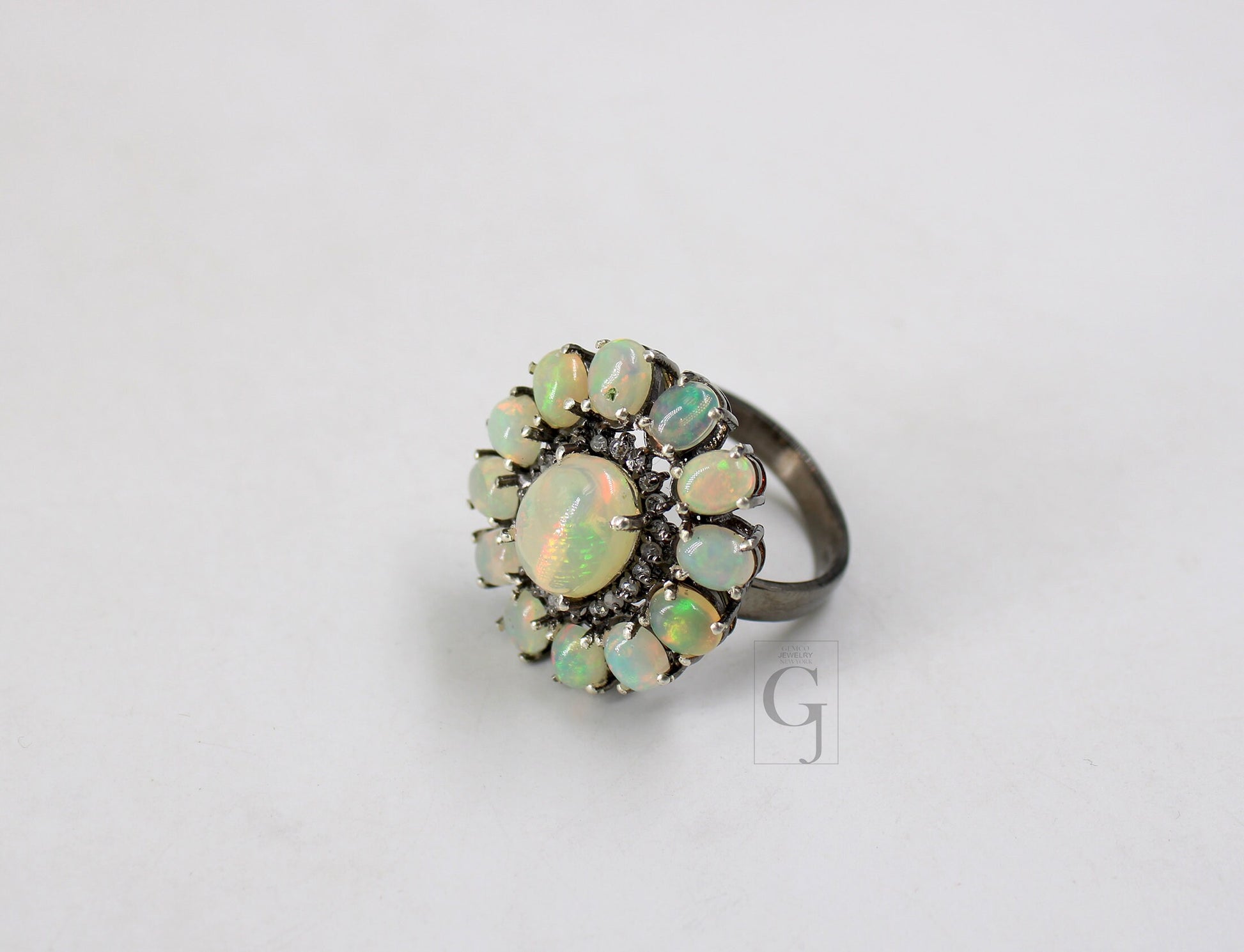 Flower Look Oxidized Finish Natural Opal Ring Designer Rosecut Pave Diamond Rings 925 Sterling Silver Handmade Silver Finish Diamond Ring