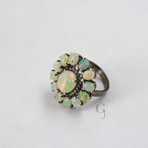 Flower Look Oxidized Finish Natural Opal Ring Designer Rosecut Pave Diamond Rings 925 Sterling Silver Handmade Silver Finish Diamond Ring