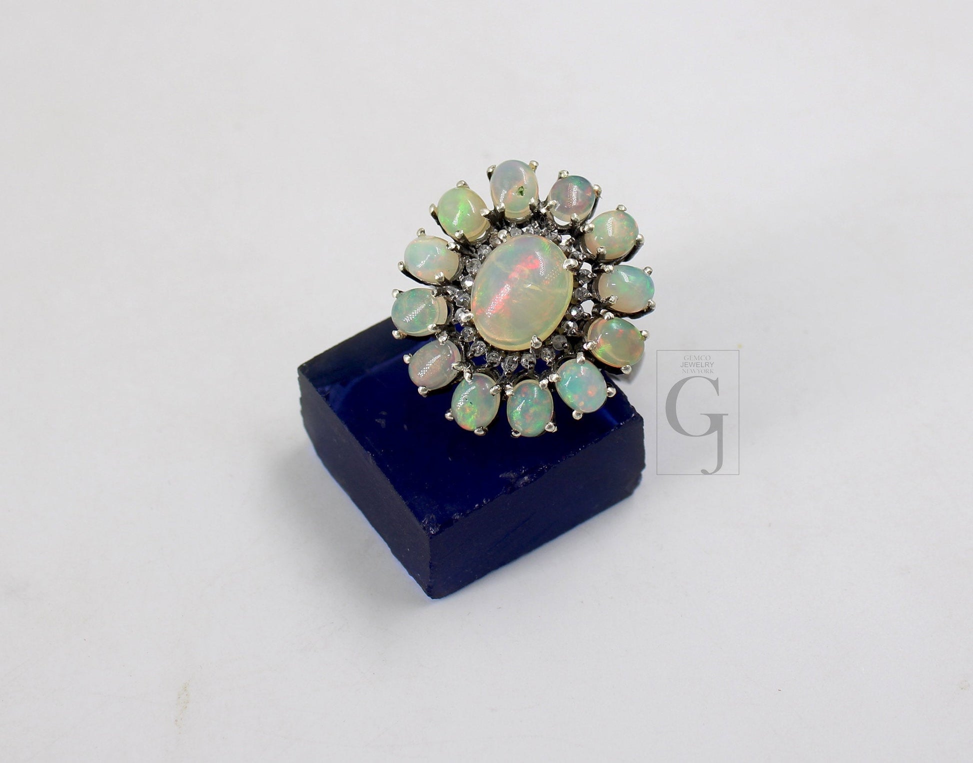 Flower Look Oxidized Finish Natural Opal Ring Designer Rosecut Pave Diamond Rings 925 Sterling Silver Handmade Silver Finish Diamond Ring