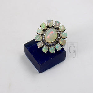 Flower Look Oxidized Finish Natural Opal Ring Designer Rosecut Pave Diamond Rings 925 Sterling Silver Handmade Silver Finish Diamond Ring