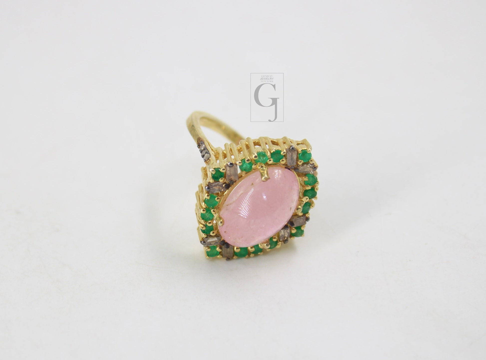 Beautiful 14k Gold Finish Pink Tourmaline Ring Designer Rosecut Pave Diamond Rings 925 Sterling Silver Handmade Silver Finish Diamond Ring