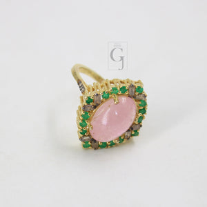 Beautiful 14k Gold Finish Pink Tourmaline Ring Designer Rosecut Pave Diamond Rings 925 Sterling Silver Handmade Silver Finish Diamond Ring