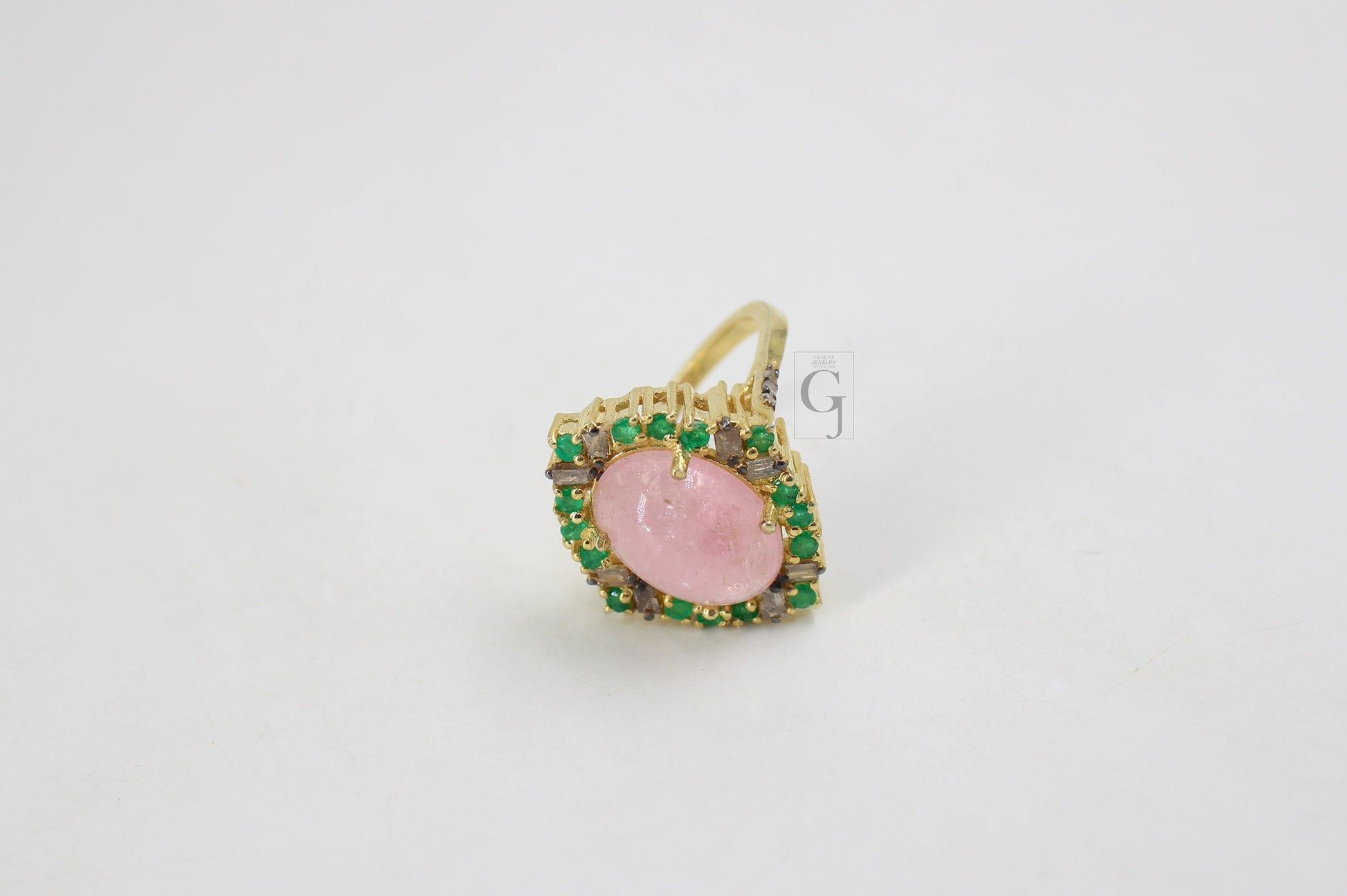 Beautiful 14k Gold Finish Pink Tourmaline Ring Designer Rosecut Pave Diamond Rings 925 Sterling Silver Handmade Silver Finish Diamond Ring