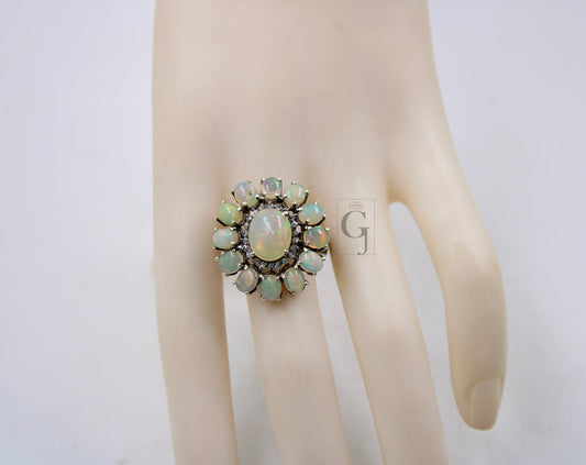 Flower Look Oxidized Finish Natural Opal Ring Designer Rosecut Pave Diamond Rings 925 Sterling Silver Handmade Silver Finish Diamond Ring