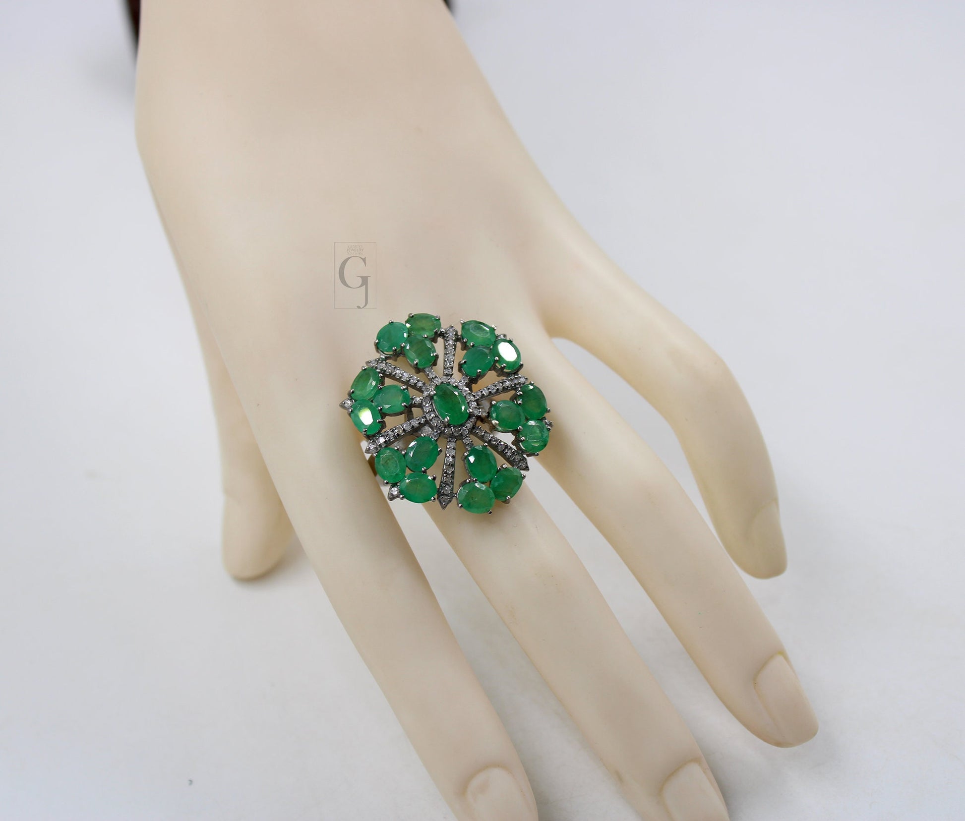 Beautiful Snowflake Designer Emerald Ring Designer Rosecut Pave Diamond Rings 925 Sterling Silver Handmade Silver Finish Diamond Ring