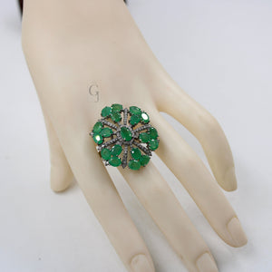 Beautiful Snowflake Designer Emerald Ring Designer Rosecut Pave Diamond Rings 925 Sterling Silver Handmade Silver Finish Diamond Ring