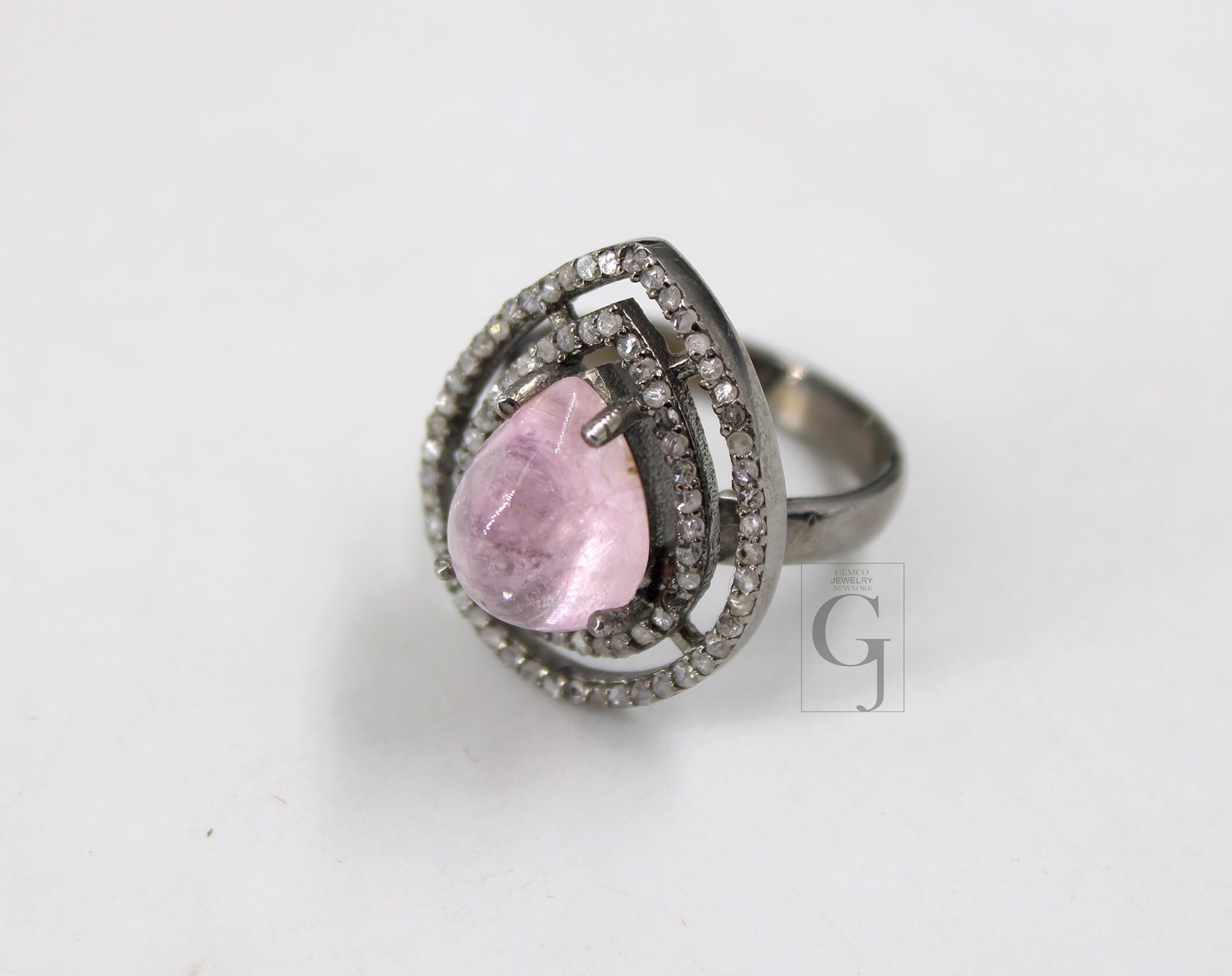 Beautiful teardrop shape pink tourmaline ring designer Rosecut pave diamond rings 925 sterling silver handmade silver finish diamond ring