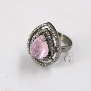 Beautiful teardrop shape pink tourmaline ring designer Rosecut pave diamond rings 925 sterling silver handmade silver finish diamond ring