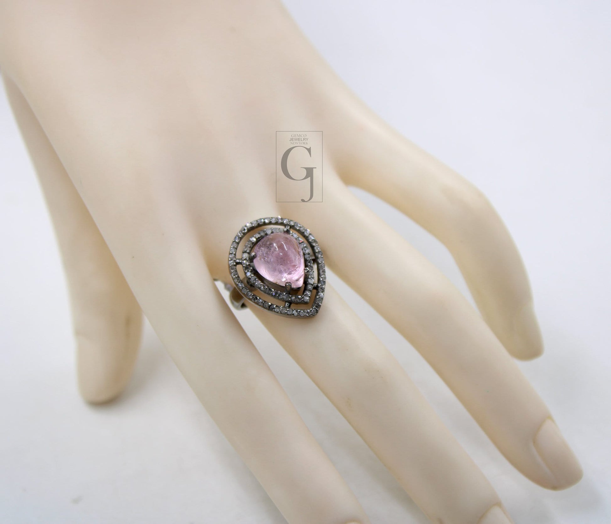 Beautiful teardrop shape pink tourmaline ring designer Rosecut pave diamond rings 925 sterling silver handmade silver finish diamond ring