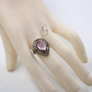 Beautiful teardrop shape pink tourmaline ring designer Rosecut pave diamond rings 925 sterling silver handmade silver finish diamond ring