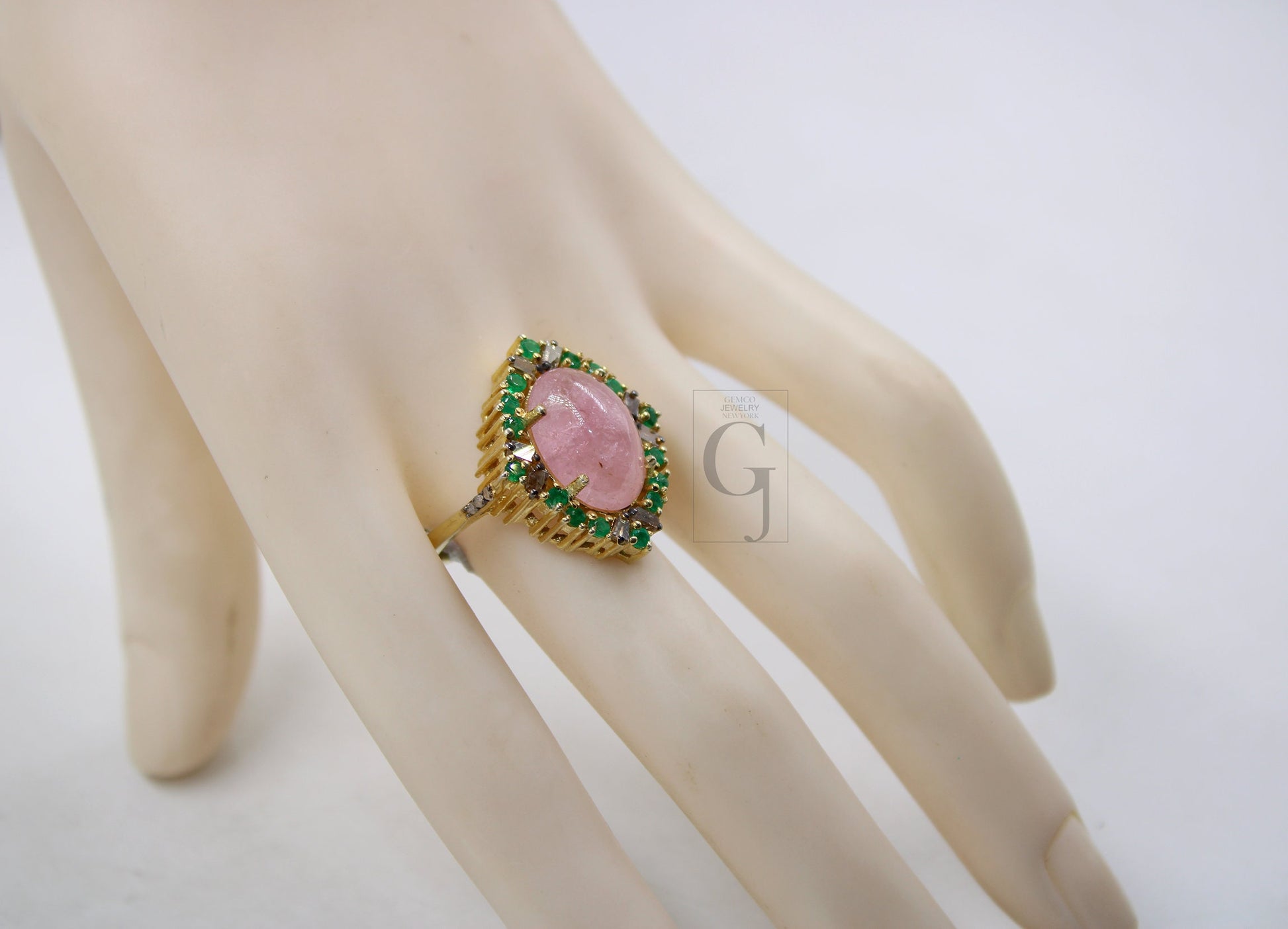 Beautiful 14k Gold Finish Pink Tourmaline Ring Designer Rosecut Pave Diamond Rings 925 Sterling Silver Handmade Silver Finish Diamond Ring